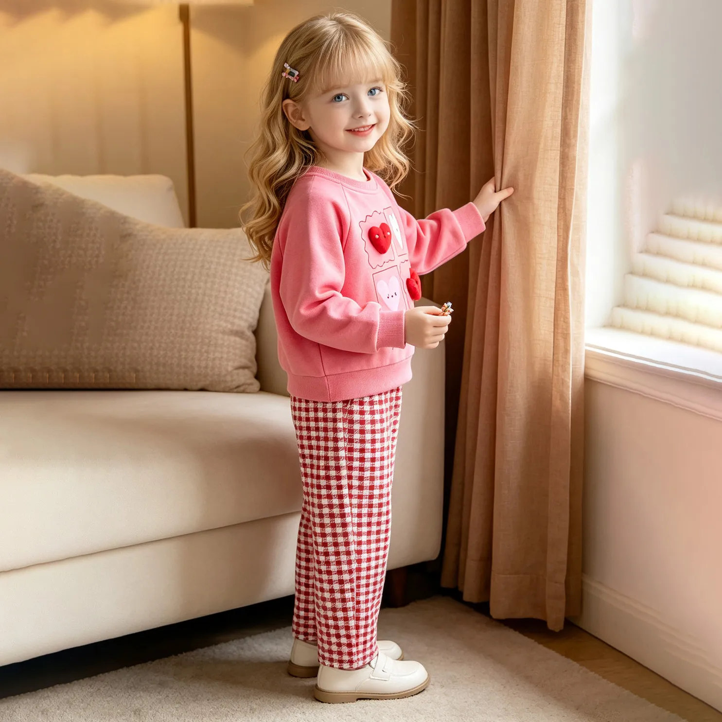Kids Girls Fashion Casual Autumn Printed Long-Sleeve Sweatshirt Plaid Pants Two-Piece Set
