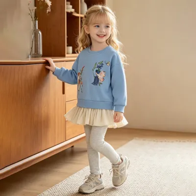 Kids Girls Fashion Autumn Breathable Printed Stitching Long-Sleeve Top Tight Pants Two-Piece Set