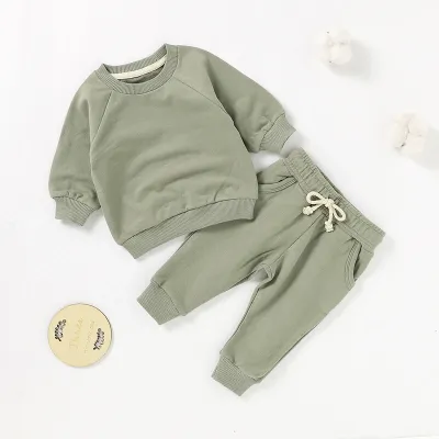 Kids Baby Boys And Girls Fashion Casual Spring And Autumn Solid Color Long-Sleeve Sweatshirt Pants Two-Piece Set