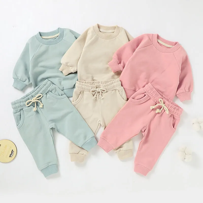 Kids Baby Boys And Girls Fashion Casual Spring And Autumn Solid Color Long-Sleeve Sweatshirt Pants Two-Piece Set