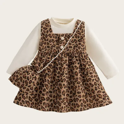 Kids Girls Fashion Spring And Autumn Leopard Stitching Fake Two-Piece Set Long-Sleeve Dress