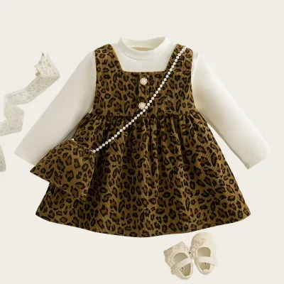 Kids Girls Fashion Spring And Autumn Leopard Stitching Fake Two-Piece Set Long-Sleeve Dress