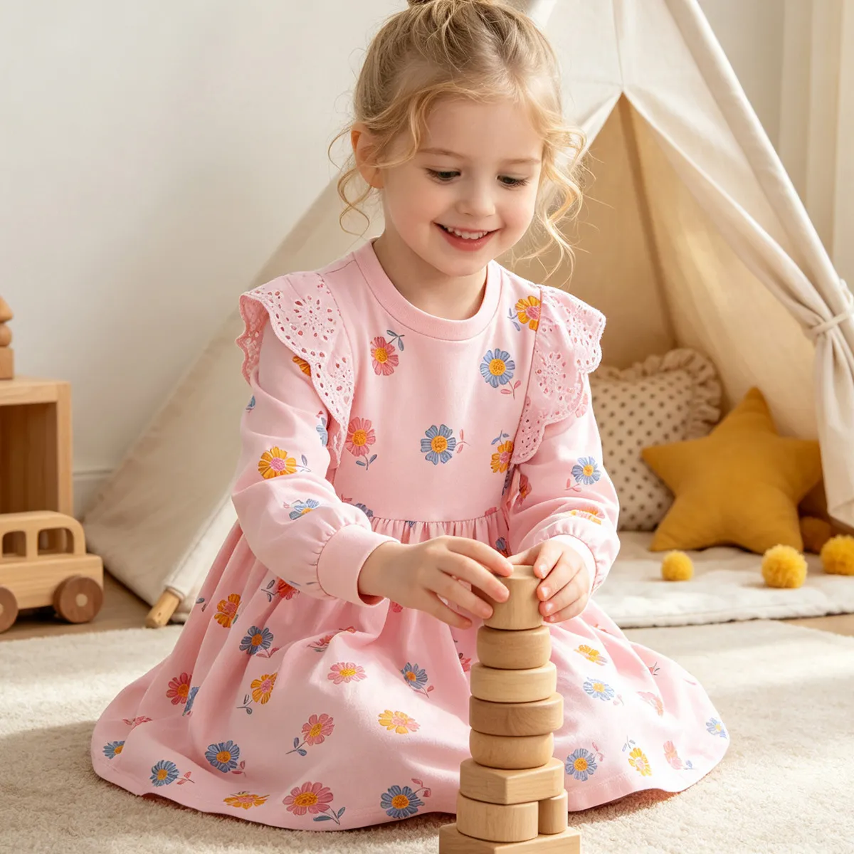 Kids Girls Fashion Autumn And Winter Flower Printed Long-Sleeve Dress