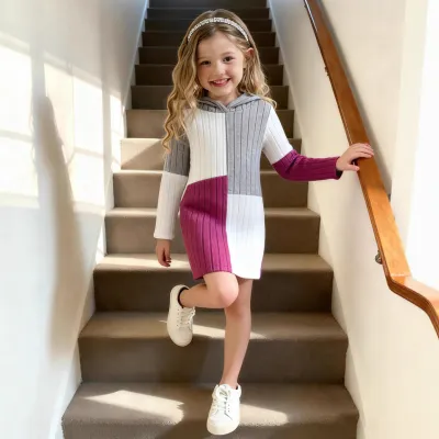 Kids Girls' Fashion Autumn And Winter Contrast Color Stitching Pit Strip Long Sleeve With Hat Dress