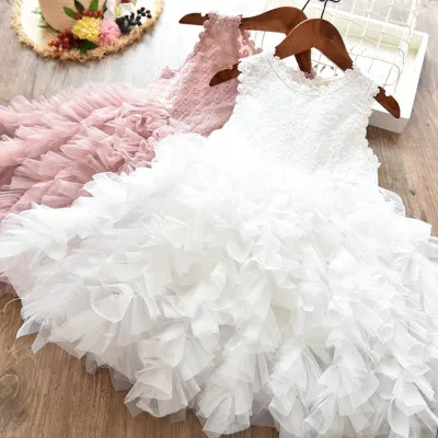 Kids Girls Fashion Elegant Solid Color Stitching Sleeveless Puffy Yarn Cake Dress