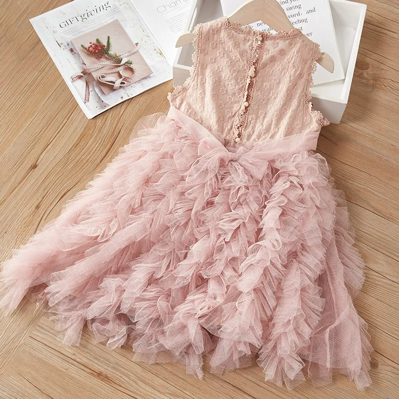 Kids Girls Fashion Elegant Solid Color Stitching Sleeveless Puffy Yarn Cake Dress