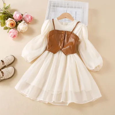 Kids Girl'S Fashion Spring And Autumn Solid Color Yarn Long-Sleeve Dress Camisole Two-Piece Set