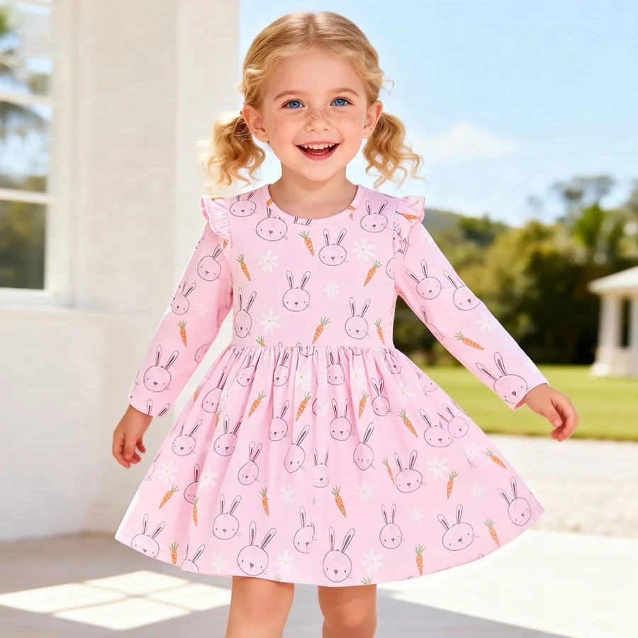 Kids Girls Fashion Casual Cute Rabbit Printed Long Sleeve Dress