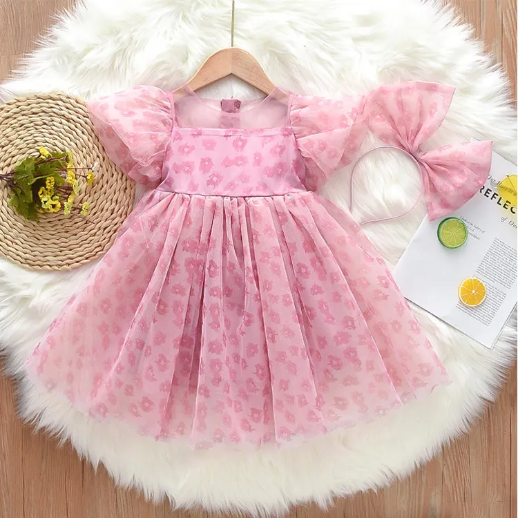 Kids Girl'S Fashion Summer Flower Printed Bubble Sleeve Mesh Dress