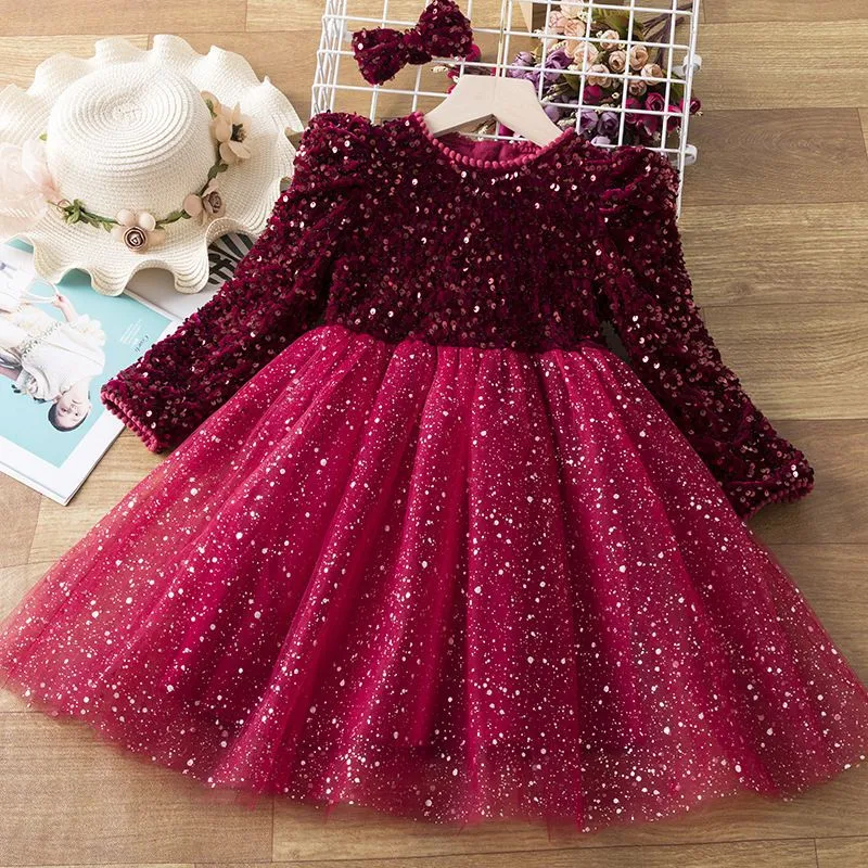 Kids Girl'S Fashion Elegant Autumn And Winter Fleece-Lined Mesh Stitching Sequin Pearl Collar Long-Sleeve Dress