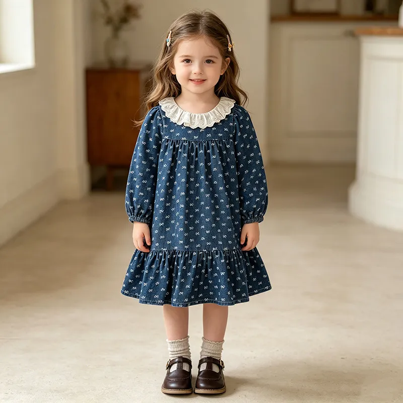 Kids Girl'S Fashion Spring And Autumn Bow Print Lace-Neck Long Sleeve Denim Dress