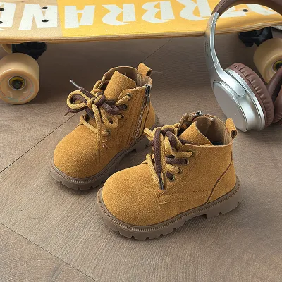 Kids Boys And Girls Fashion Autumn And Winter Solid Color Fleece-Lined Ankle Soft-Soled Leather Boots