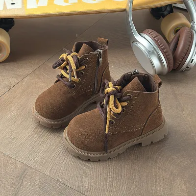 Kids Boys And Girls Fashion Autumn And Winter Solid Color Fleece-Lined Ankle Soft-Soled Leather Boots