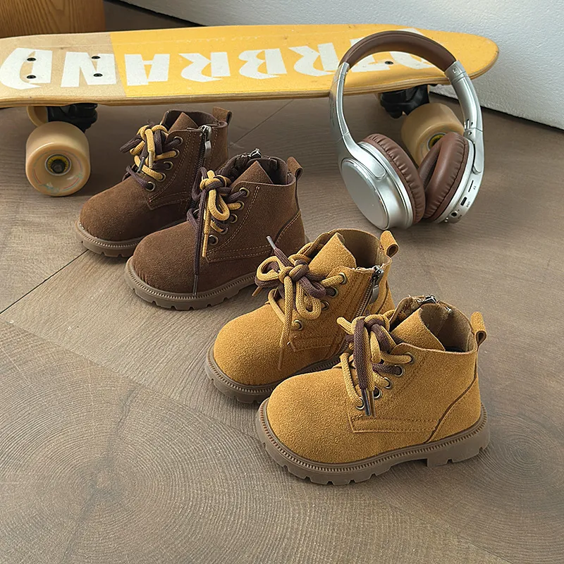 Kids Boys And Girls Fashion Autumn And Winter Solid Color Fleece-Lined Ankle Soft-Soled Leather Boots