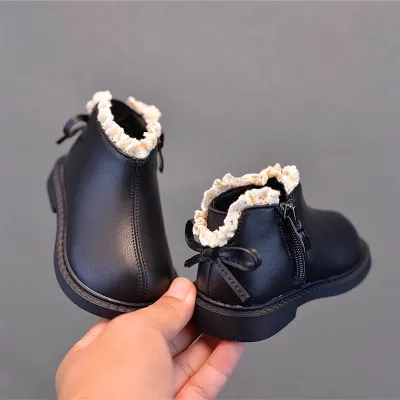 Kids Girls Fashion Autumn And Winter Velvet Solid Color Lace-Edge Leather Boots