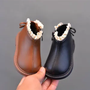 Kids Girls Fashion Autumn And Winter Velvet Solid Color Lace-Edge Leather Boots