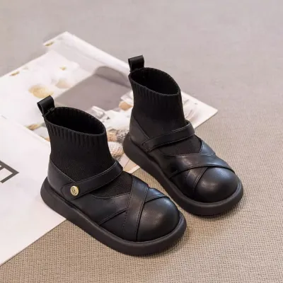 Kids Girls Fashion Spring And Autumn Solid Color Stitching Boots