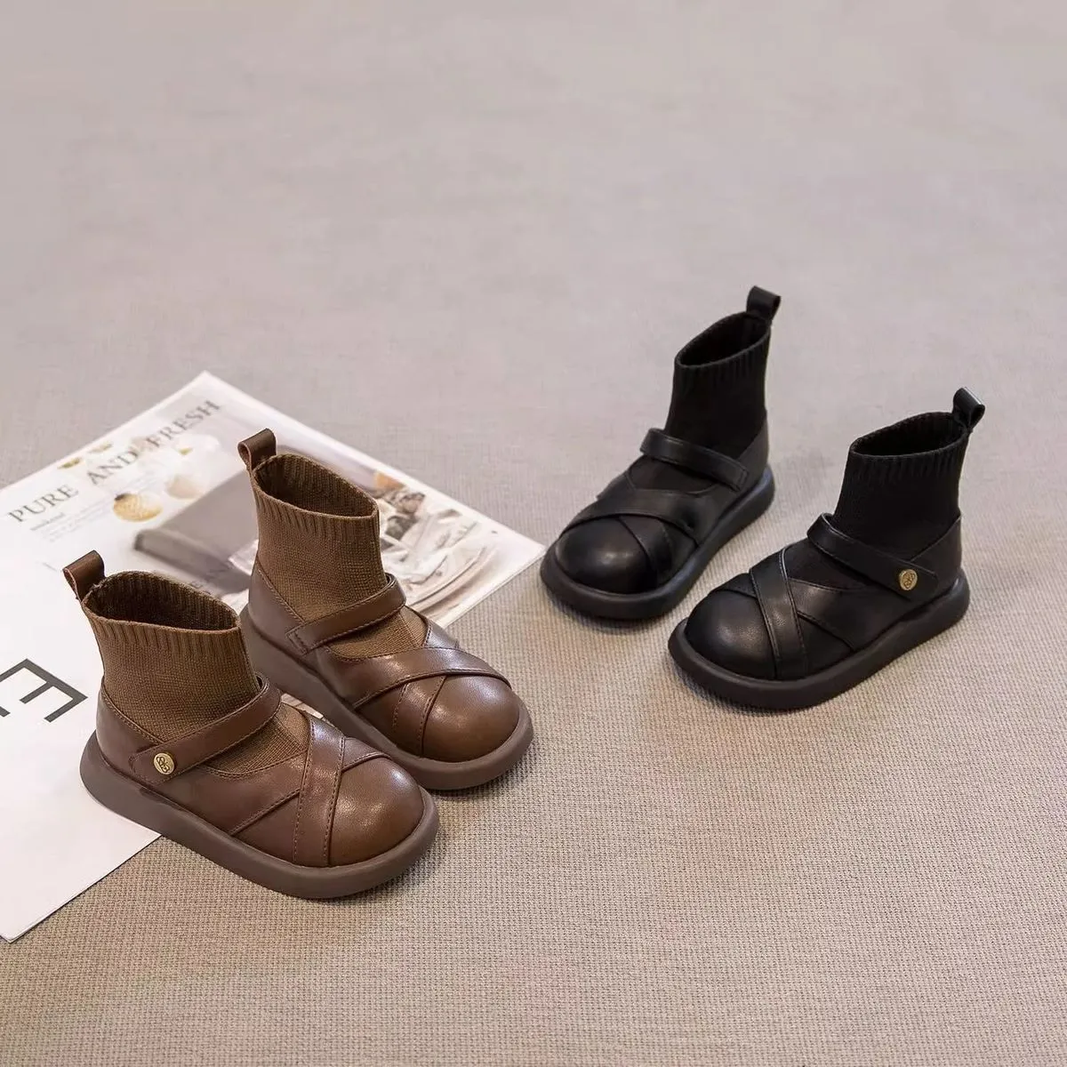 Kids Girls Fashion Spring And Autumn Solid Color Stitching Boots