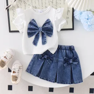 Kids Baby Girls Fashion Summer Fly Sleeve Bow T-Shirt Denim Pleated Skirt Two-Piece Set