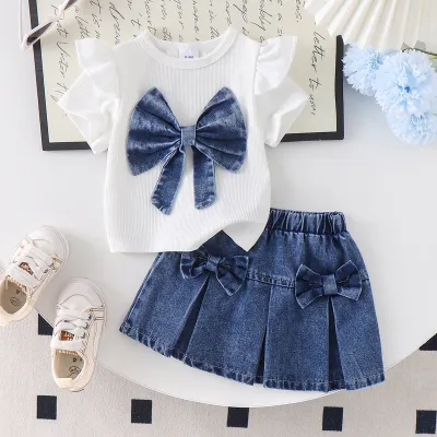 Kids Baby Girls Fashion Summer Fly Sleeve Bow T-Shirt Denim Pleated Skirt Two-Piece Set
