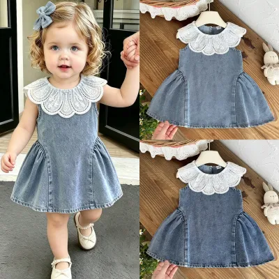 Kids Baby Girls Fashion Cute Summer Sleeveless Lace Doll Collar Denim Dress