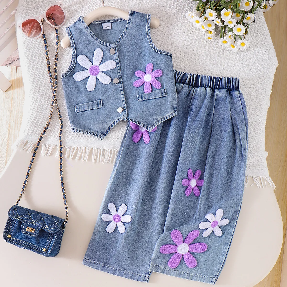 Kids Girls Fashion Casual Summer Embroidered Flower Denim Vest Loose Jeans Two-Piece Set