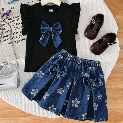 Kids Girls Fashion Summer Fly Sleeve Bow Top Flower Printed Denim Pleated Skirt Two-Piece Set