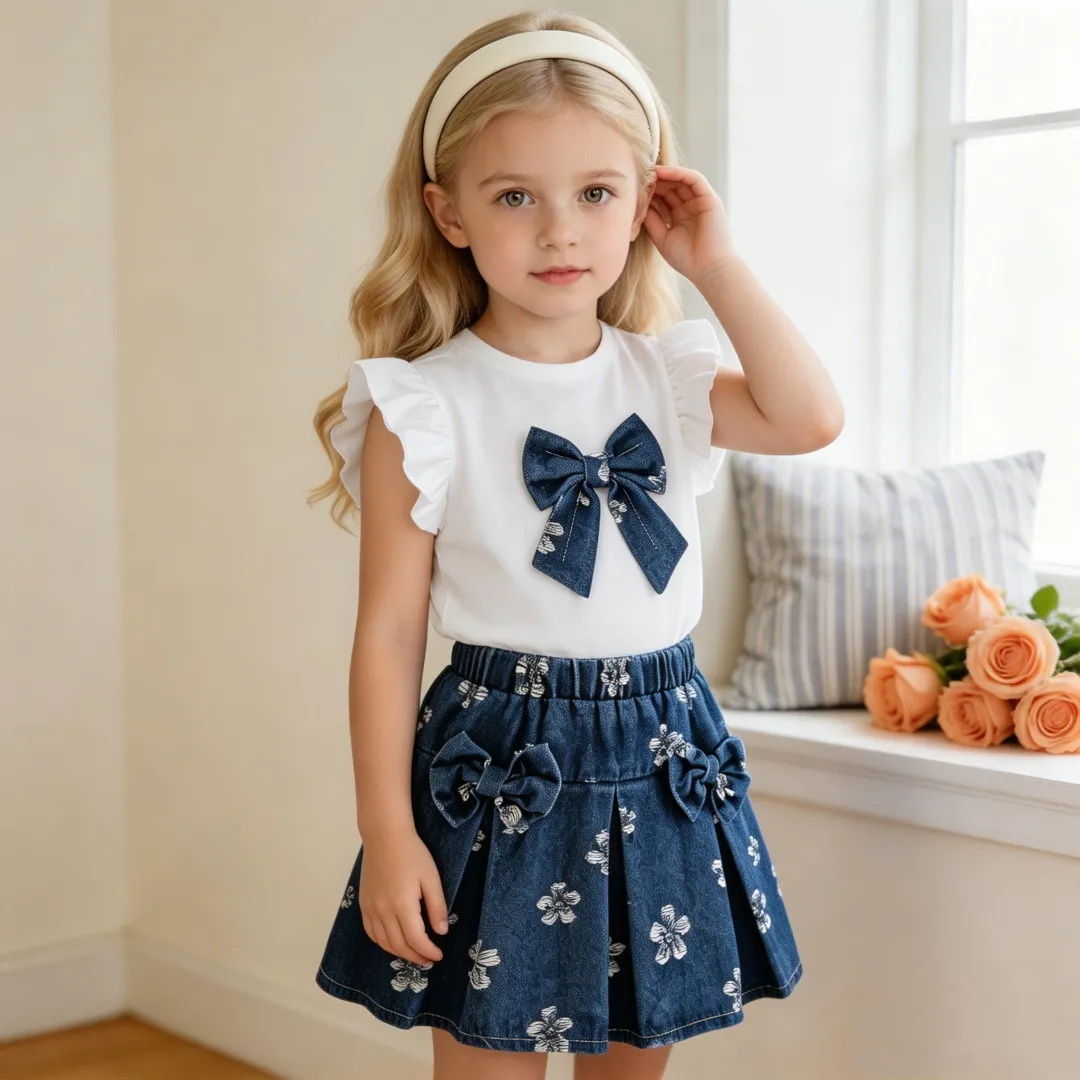 Kids Girls Fashion Summer Fly Sleeve Bow Top Flower Printed Denim Pleated Skirt Two-Piece Set