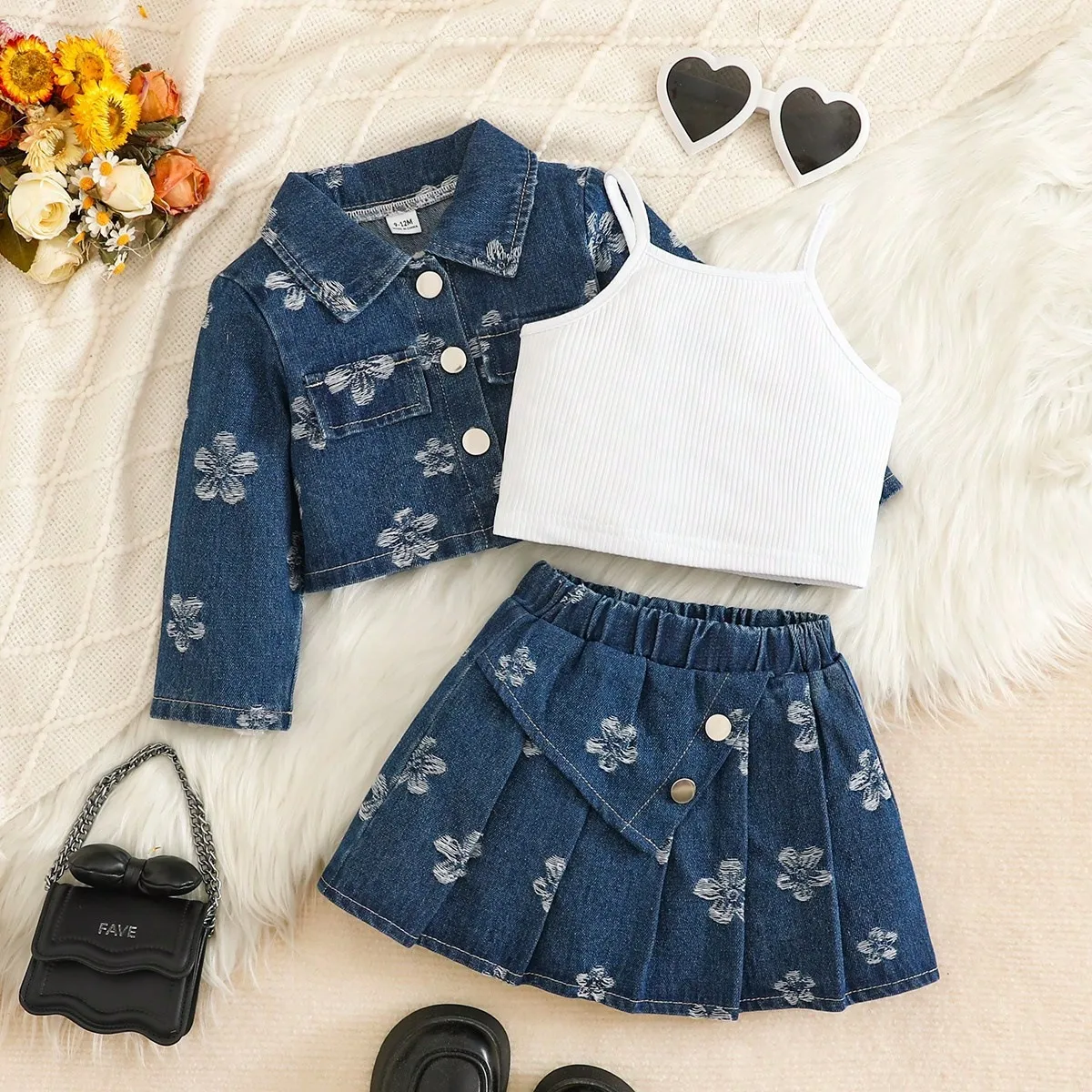 Kids Baby Girls Fashion Spring And Autumn Flower Printed Long Sleeve Denim Jacket Camisole Denim Pleated Skirt Three-Piece Set