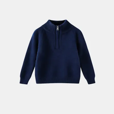 Kids Boys And Girls Fashion Autumn Winter Solid Color Half-High Collar Half-Zip Long-Sleeve Sweater