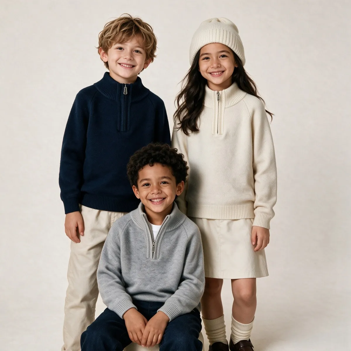 Kids Boys And Girls Fashion Autumn Winter Solid Color Half-High Collar Half-Zip Long-Sleeve Sweater