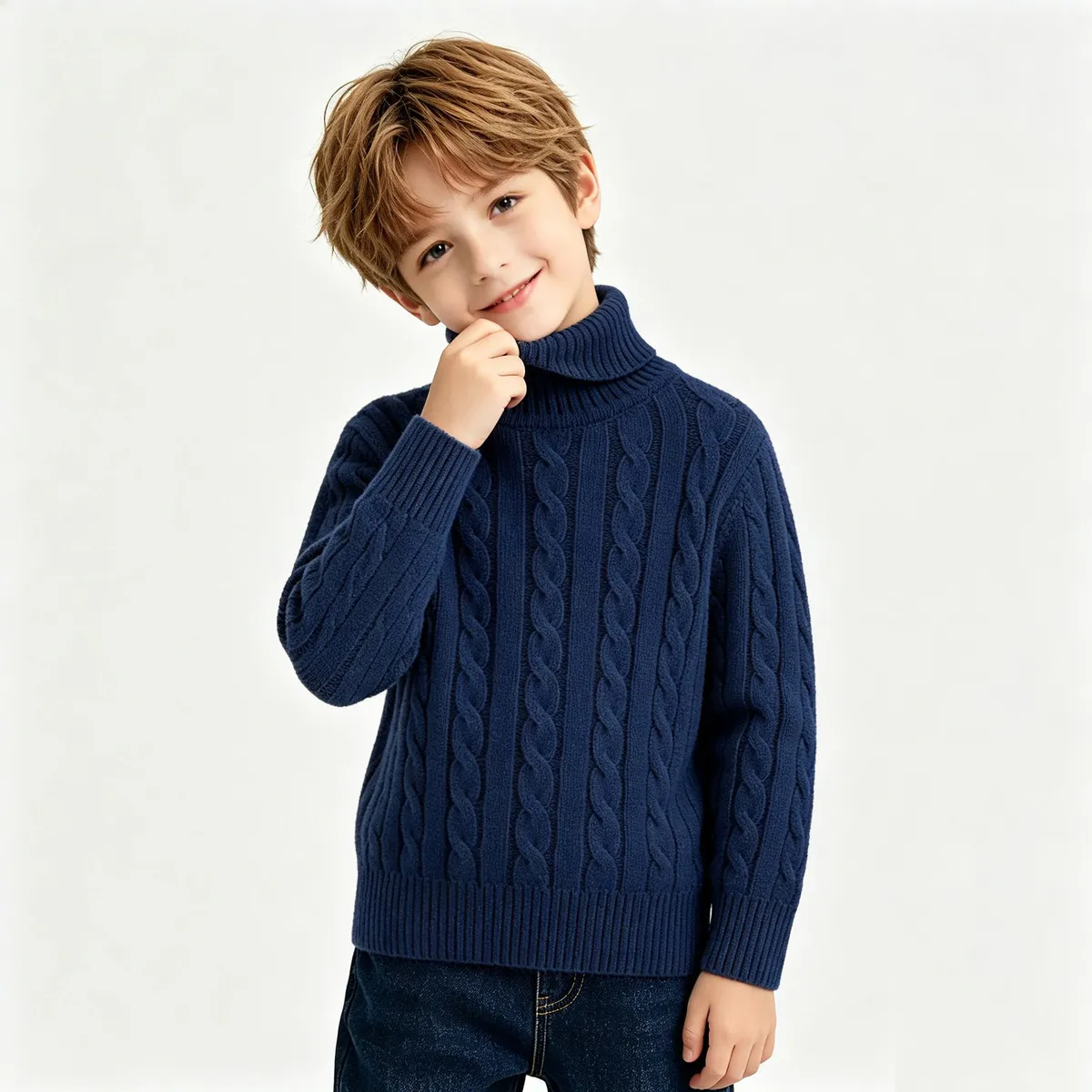 Kids Boys And Girls Fashion Autumn And Winter Solid Color High Collar Twist Sweater
