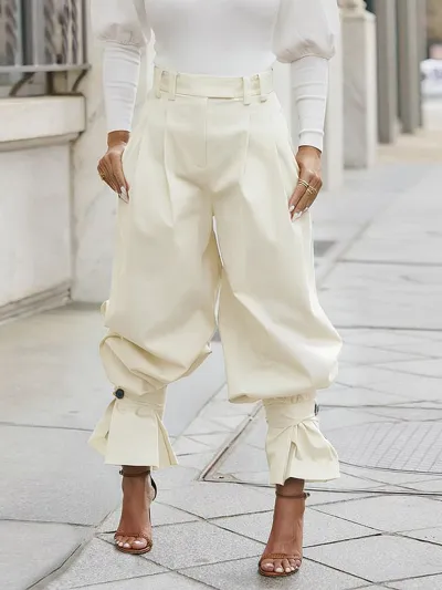 Women Fashion Casual Solid Color High Waist Pleated Foot Bloomers Ruffles Loose Wide Leg Pants
