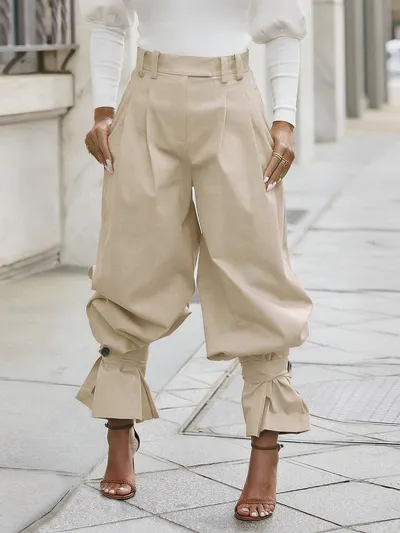 Women Fashion Casual Solid Color High Waist Pleated Foot Bloomers Ruffles Loose Wide Leg Pants