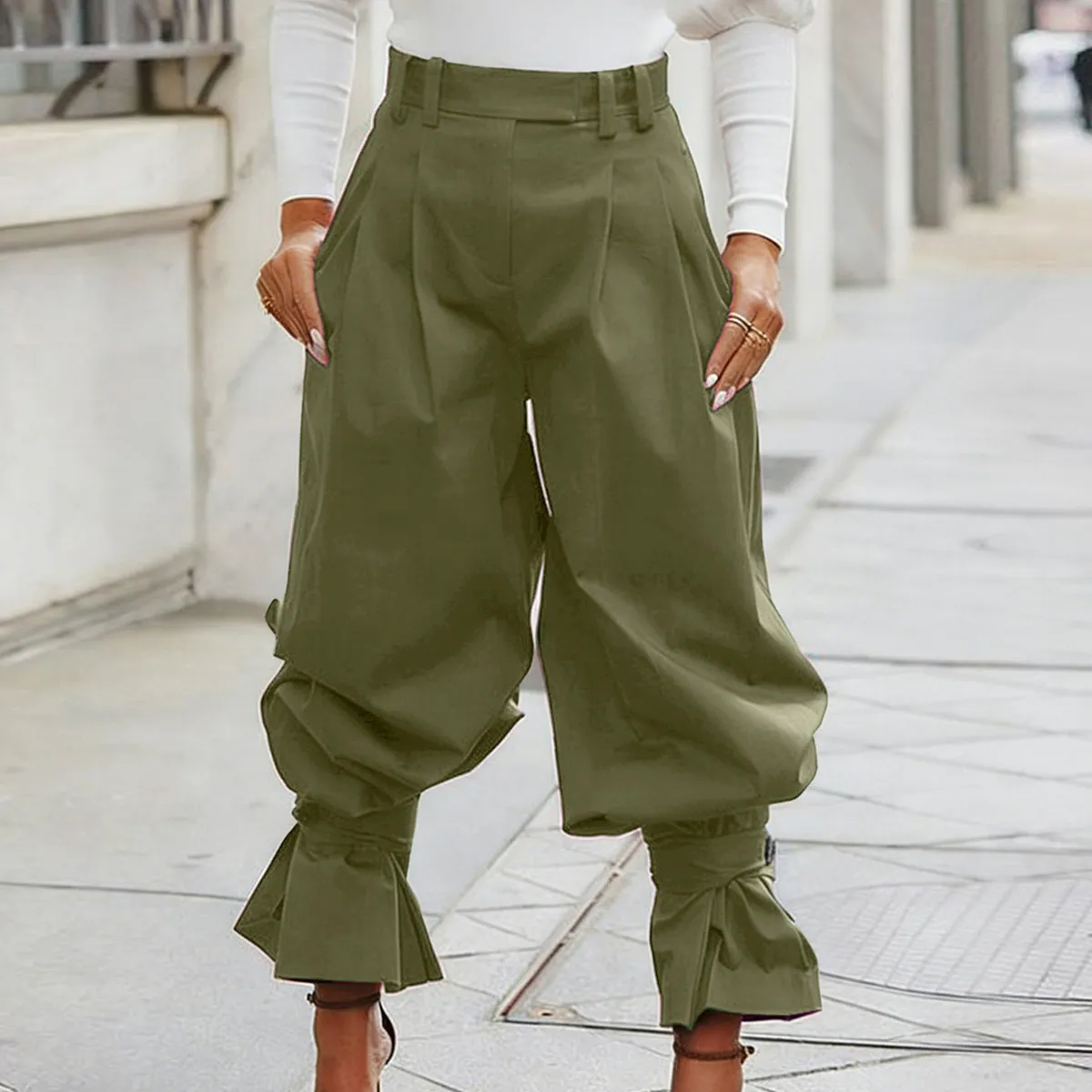 Women Fashion Casual Solid Color High Waist Pleated Foot Bloomers Ruffles Loose Wide Leg Pants