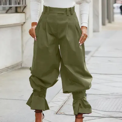 Women Fashion Casual Solid Color High Waist Pleated Foot Bloomers Ruffles Loose Wide Leg Pants