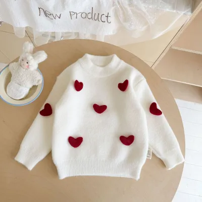 Kids Girls Fashion Autumn And Winter Red Love Thickened Warm Sweater