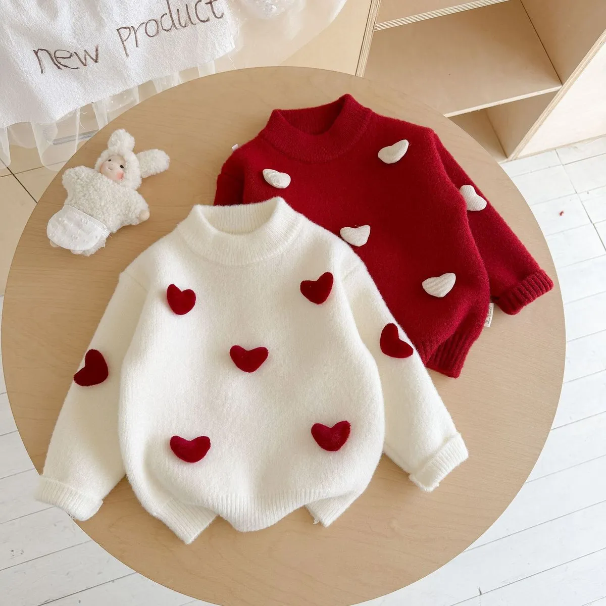 Kids Girls Fashion Autumn And Winter Red Love Thickened Warm Sweater