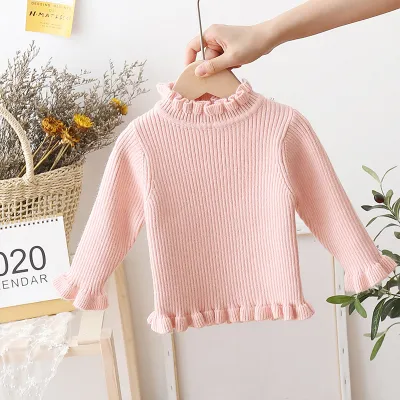 Kids Girls Fashion Autumn And Winter Solid Color Slim Fit Ruffle Knitted Sweater