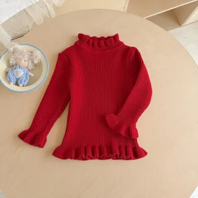 Kids Girls Fashion Autumn And Winter Solid Color Slim Fit Ruffle Knitted Sweater