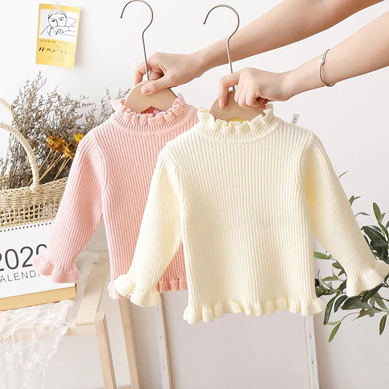 Kids Girls Fashion Autumn And Winter Solid Color Slim Fit Ruffle Knitted Sweater