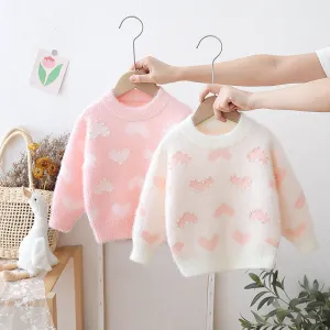 Kids Girls Fashion Autumn And Winter Love Mink Fleece Thickened Knitted Sweater