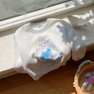 Kids Girls' Autumn And Winter Thickened Mermaid Printed Round Neck Long-Sleeve Sweatshirt