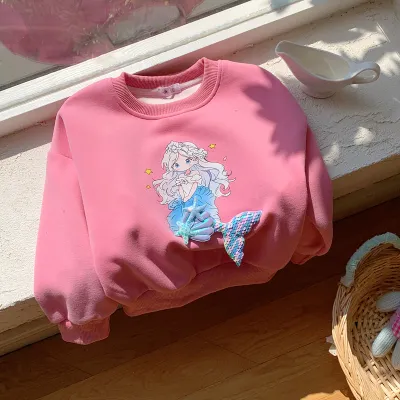 Kids Girls' Autumn And Winter Thickened Mermaid Printed Round Neck Long-Sleeve Sweatshirt