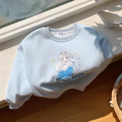 Kids Girls' Autumn And Winter Thickened Mermaid Printed Round Neck Long-Sleeve Sweatshirt