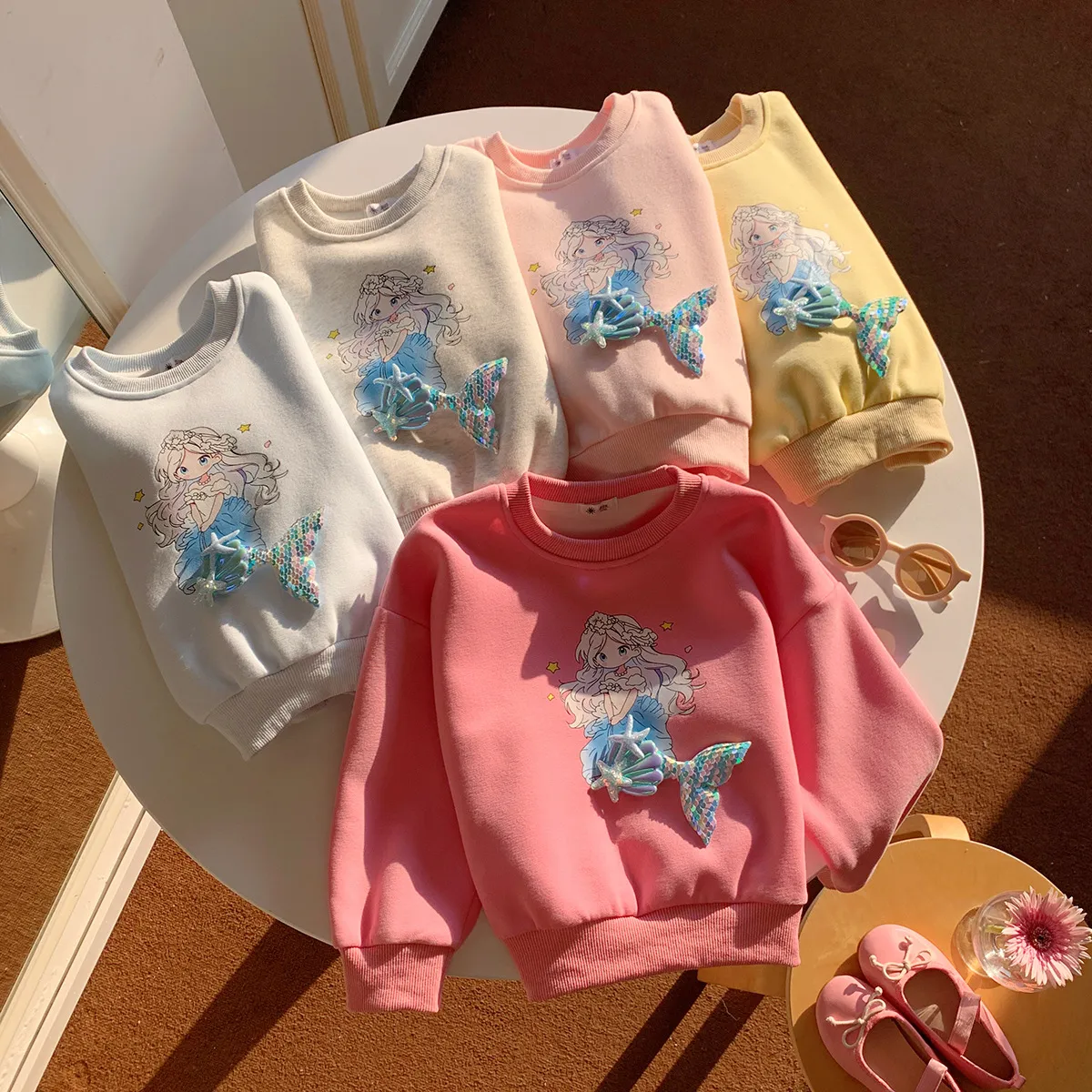 Kids Girls' Autumn And Winter Thickened Mermaid Printed Round Neck Long-Sleeve Sweatshirt
