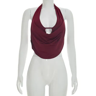 Women Sexy Halter Solid Color Cowl Neck Top
