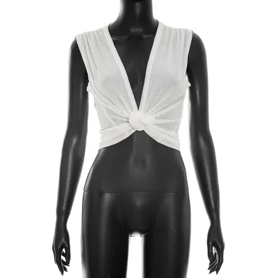 Women Fashion Solid Color Deep V-Neck Knot Sleeveless Top