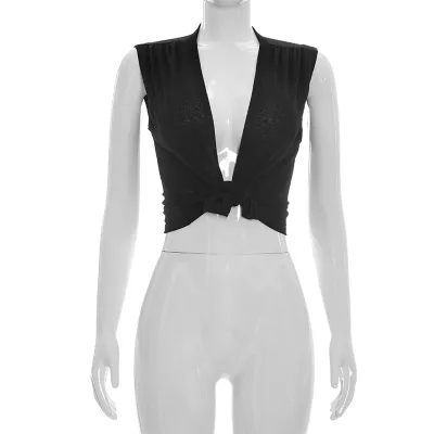 Women Fashion Solid Color Deep V-Neck Knot Sleeveless Top
