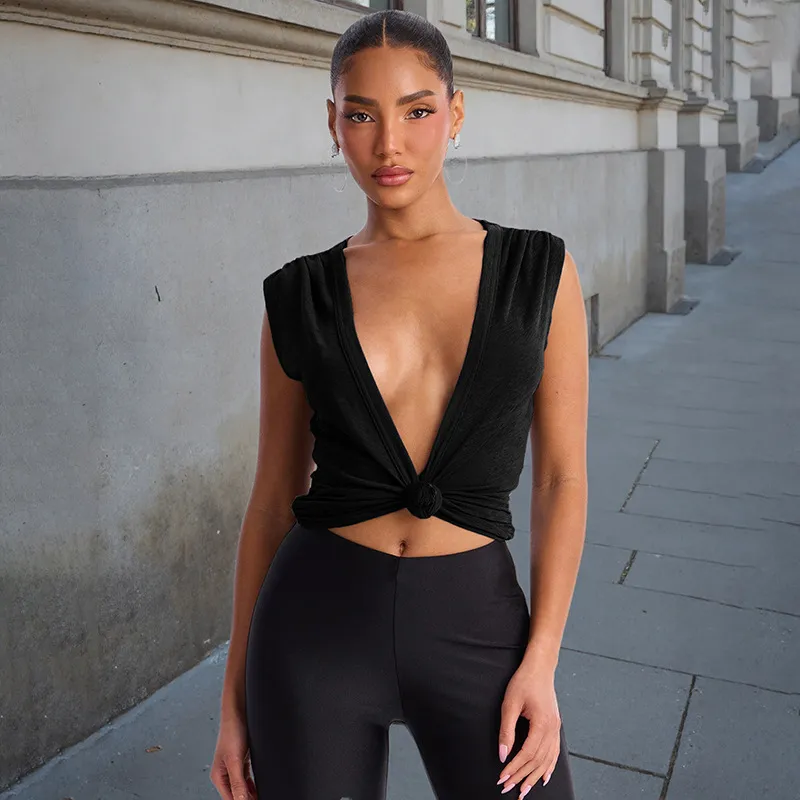 Women Fashion Solid Color Deep V-Neck Knot Sleeveless Top